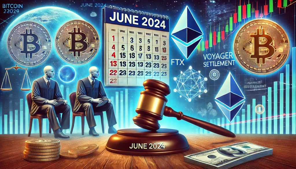 Crypto News June 2024 banner featuring cryptocurrency logos, market trends, and legal updates