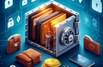 A secure vault with various types of cryptocurrency wallets including hardware, mobile, and paper wallets, with a cybersecurity theme.