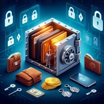 A secure vault with various types of cryptocurrency wallets including hardware, mobile, and paper wallets, with a cybersecurity theme.