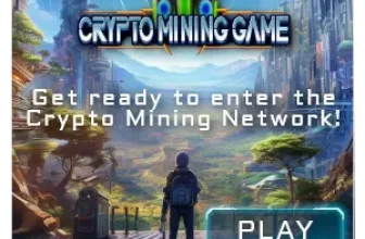 Crypto Mining Game promotional banner featuring a futuristic landscape with a character standing before a digital cityscape, with a 'PLAY' button.