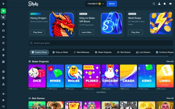 Stake.us casino interface showing Originals games lobby for US players
