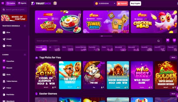 TrustDice crypto casino game lobby showing slots and provably fair games